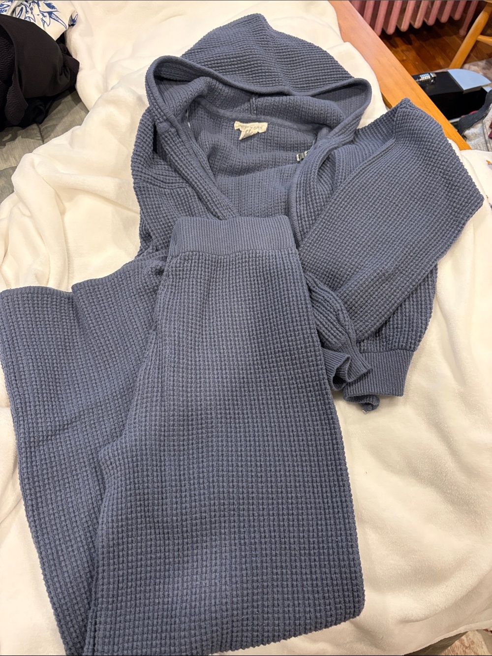 Waffle-Knit Hooded Sweater and Pants in Slate Blue